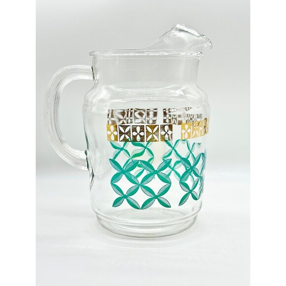 Vintage MCM Federal glass juice carafe jug pitcher gold trim teal green design - Picture 4 of 9